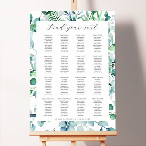 Personalized Botanical Greens Foamex Seating Plan displayed on a wooden easel. This one is formatted for 16 tables.