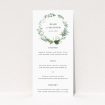 Botanical Greens wedding menu template reflecting the tranquility of nature, echoing lush greenery featured in the invitation, ideal for couples seeking a natural yet sophisticated theme for their wedding This is a view of the front