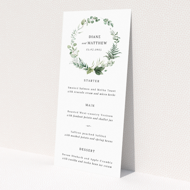 Botanical Greens wedding menu template reflecting the tranquility of nature, echoing lush greenery featured in the invitation, ideal for couples seeking a natural yet sophisticated theme for their wedding This is a view of the front
