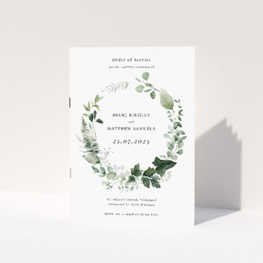 Natural Botanical Greens Wedding Order of Service Booklet. This is a view of the front