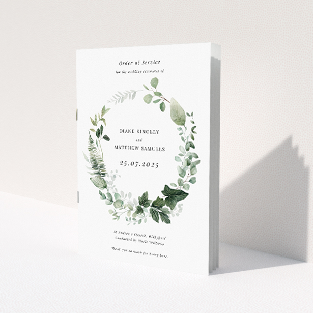 Natural Botanical Greens Wedding Order of Service Booklet. This is a view of the front