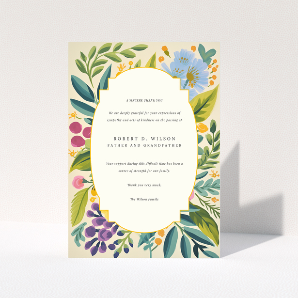 Funeral thank you card with floral border design and no photos
