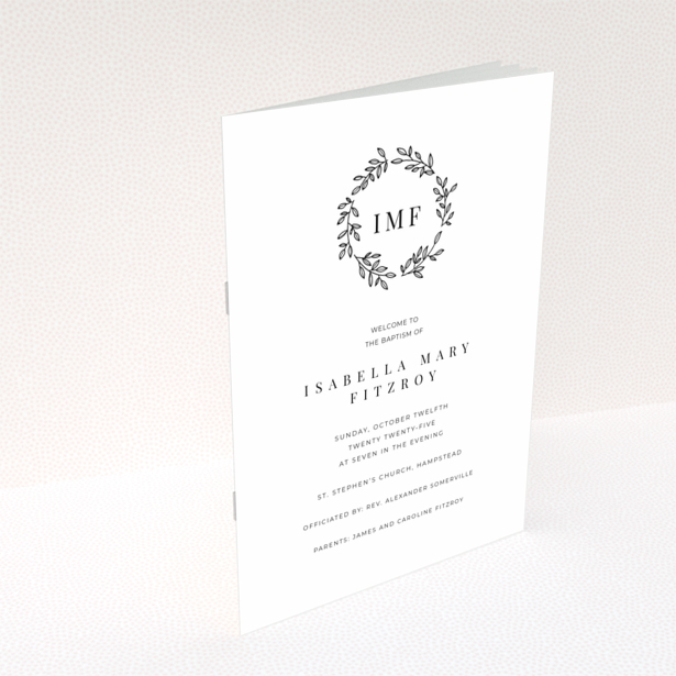 Christening order of service program reverse side design titled Portrait depicting a minimalist layout with no photos