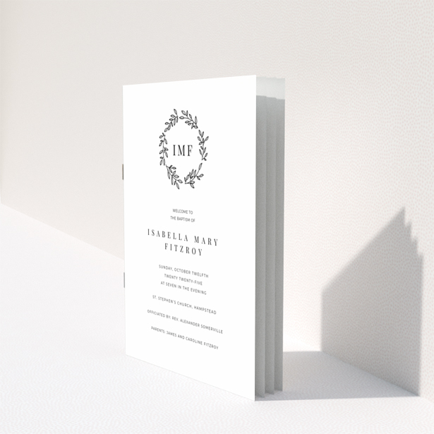 Christening order of service program reverse side design titled Portrait depicting a minimalist layout with no photos