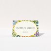 Botanical Radiance place cards table template - hand-painted botanical illustrations in refreshing blues, purples, and greens with scalloped border for elegant nature-inspired touch. This is a view of the front