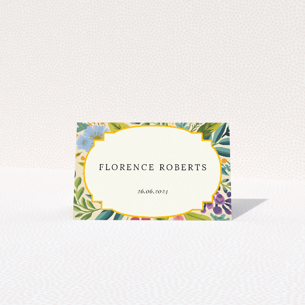 Botanical Radiance place cards table template - hand-painted botanical illustrations in refreshing blues, purples, and greens with scalloped border for elegant nature-inspired touch. This is a view of the front