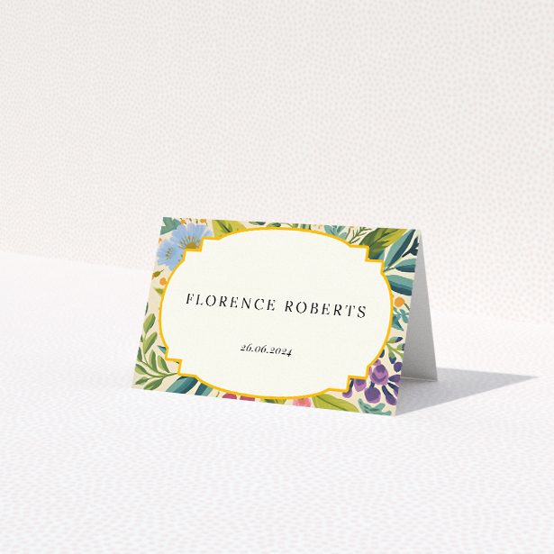 Botanical Radiance place cards table template - hand-painted botanical illustrations in refreshing blues, purples, and greens with scalloped border for elegant nature-inspired touch. This is a view of the front
