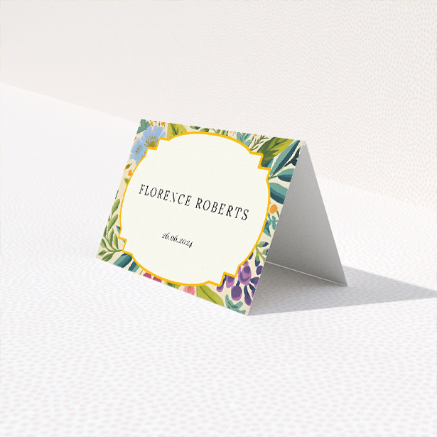 Botanical Radiance place cards table template - hand-painted botanical illustrations in refreshing blues, purples, and greens with scalloped border for elegant nature-inspired touch. This is a third view of the front