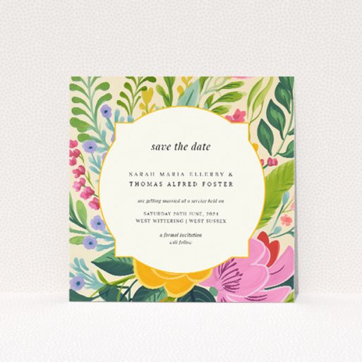 Botanical Radiance wedding save the date card featuring a vibrant botanical illustration with deep pinks, yellows, and soft greens on a cream background, perfect for spring or summer weddings filled with natural beauty and celebration This is a view of the front