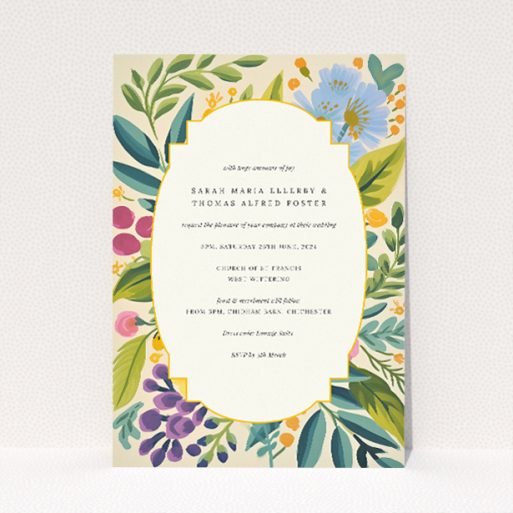 Botanical Radiance wedding invitation design capturing essence of vibrant, flourishing garden with hand-painted botanical illustrations in harmonious blend of blues, purples, and greens, accented with soft yellows and delicate pinks, promising refined and joyous tone for announcing wedding day This is a view of the front