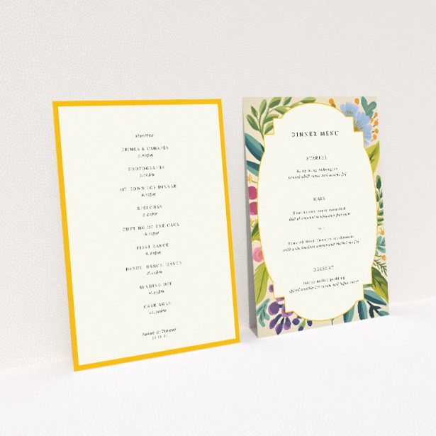 Botanical Radiance wedding menu template with hand-painted botanical illustrations in blues, purples, greens, yellows, and pinks, framed by a scalloped border on a cream background This image shows the front and back sides together
