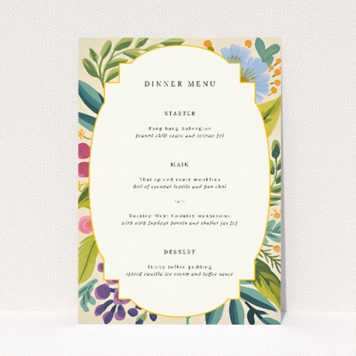 Botanical Radiance wedding menu template with hand-painted botanical illustrations in blues, purples, greens, yellows, and pinks, framed by a scalloped border on a cream background This is a view of the front