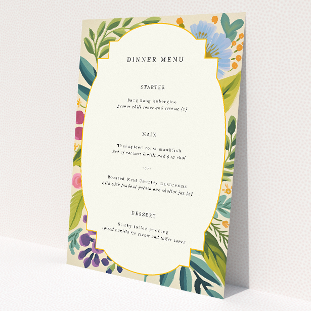 Botanical Radiance wedding menu template with hand-painted botanical illustrations in blues, purples, greens, yellows, and pinks, framed by a scalloped border on a cream background This is a view of the front