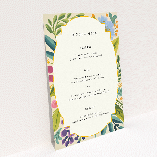 Botanical Radiance wedding menu template with hand-painted botanical illustrations in blues, purples, greens, yellows, and pinks, framed by a scalloped border on a cream background This image shows the front and back sides together