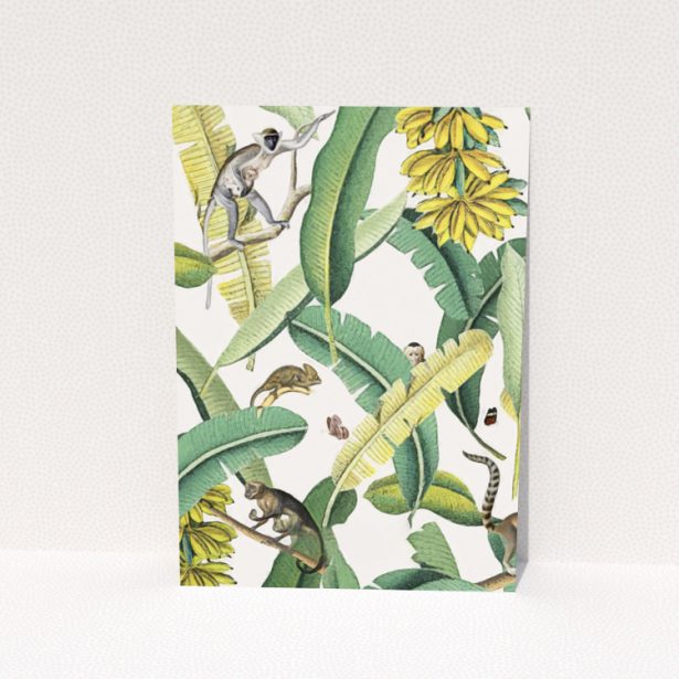 Wedding thank you card reverse design with monkey and foliage illustration, no photos, Portrait