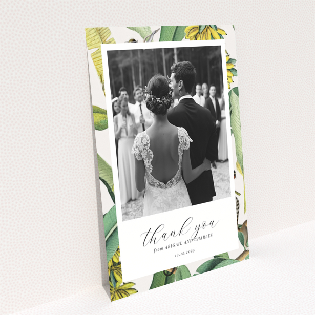 Wedding thank you card reverse design with monkey and foliage illustration, no photos, Portrait