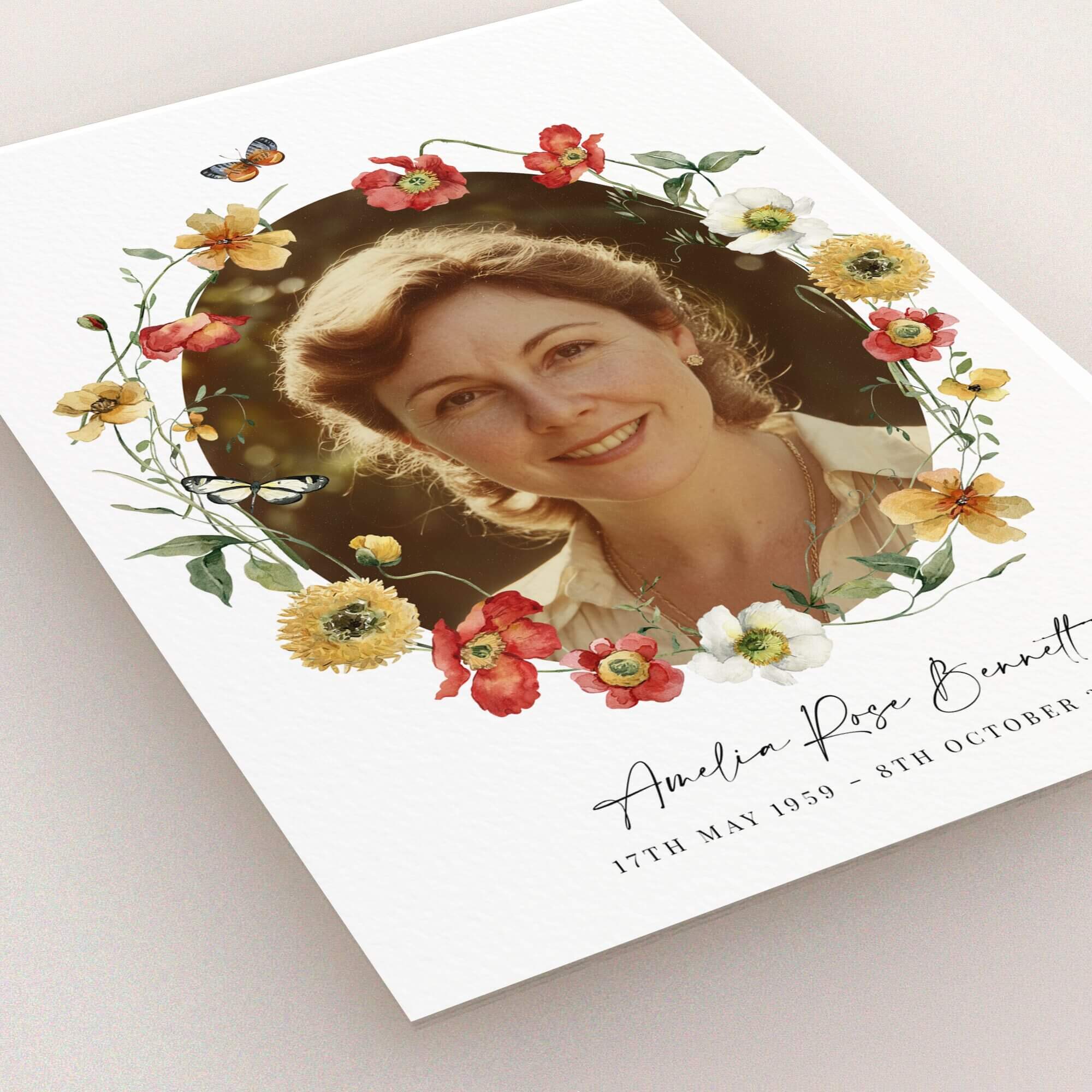 Floral funeral announcement design with one photo