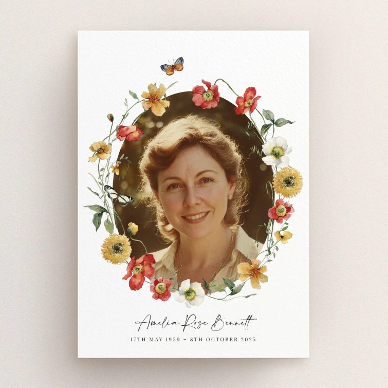 Floral funeral announcement design with one photo