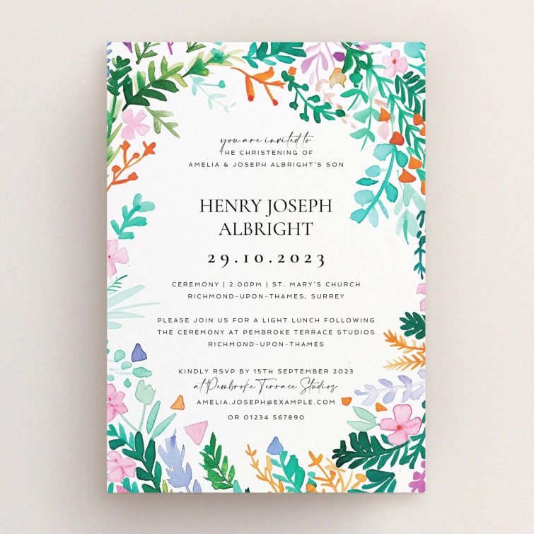 Floral christening invitation design with pastel colours and no photos.