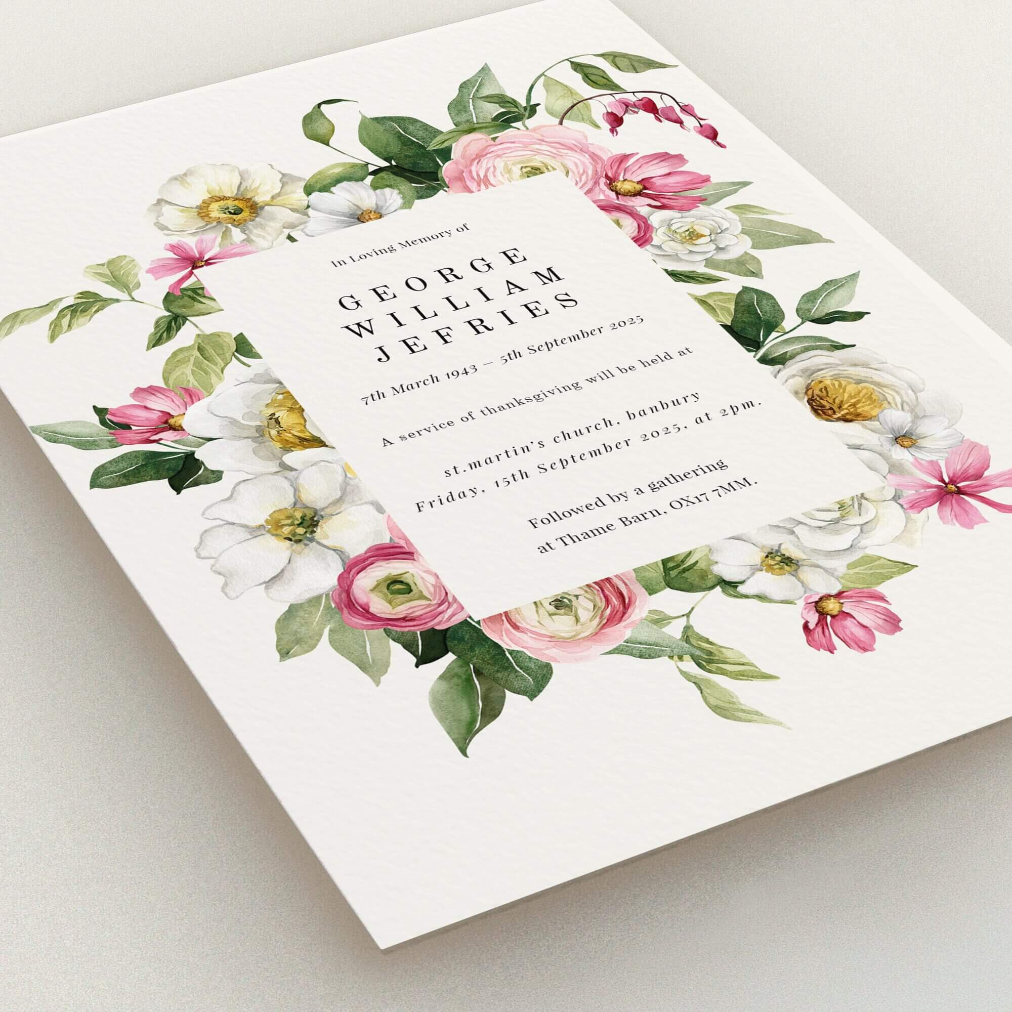 Floral funeral announcement design with one photo placeholder, featuring classic typography and botanical illustration.