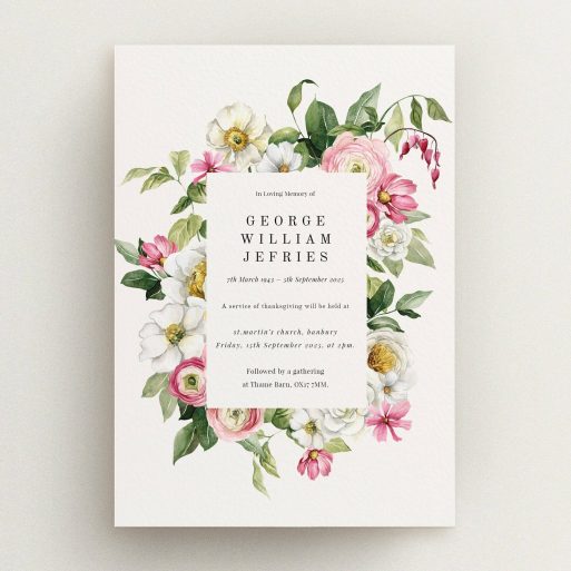 Floral Funeral Announcement Floral funeral announcement design with one photo placeholder, featuring classic typography and botanical illustration.