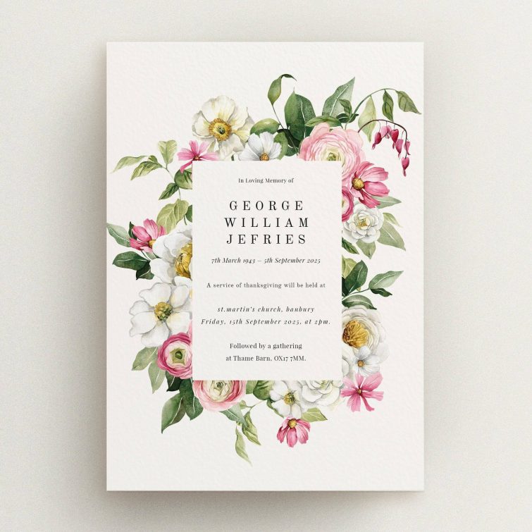 Floral funeral announcement design with one photo placeholder, featuring classic typography and botanical illustration.