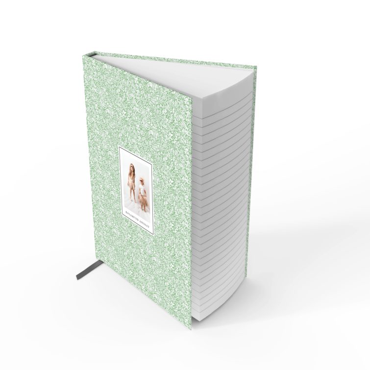 Floral patterned portrait notebook cover design with one photo placeholder for personalised printing.