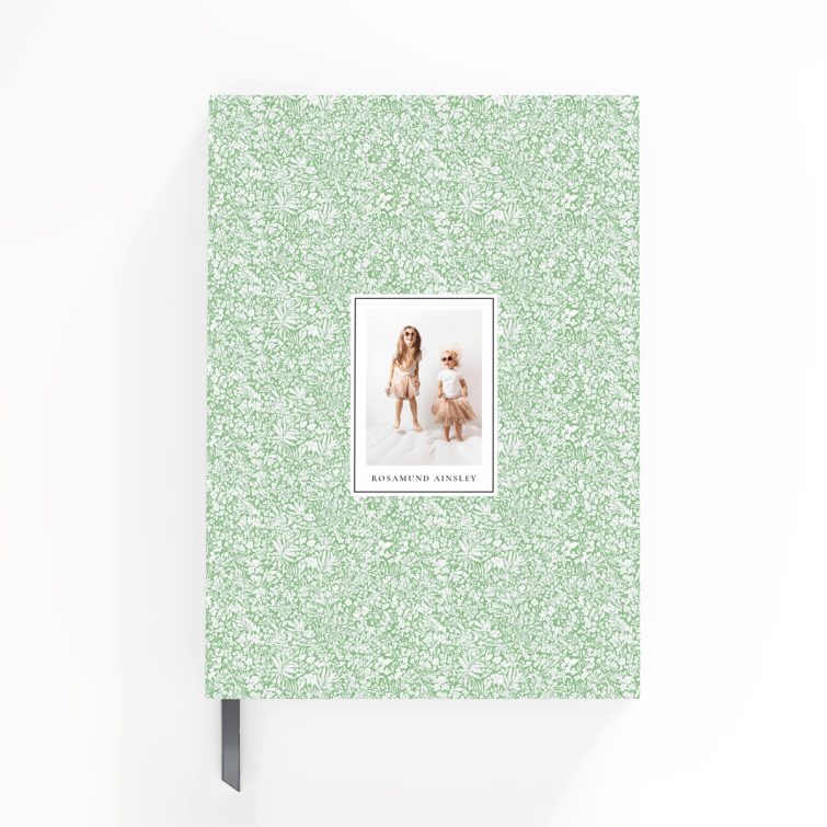 Floral patterned portrait notebook cover design with one photo placeholder for personalised printing.