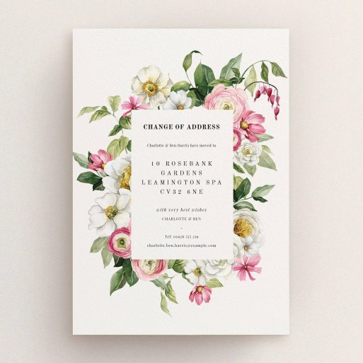 Floral Change of Address Floral change of address card with elegant design and decorative elements.