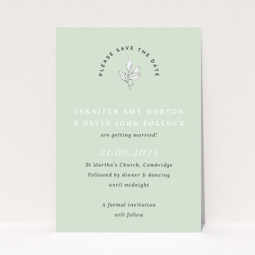 Botanical Welcome Save the Date Card - A6 Invitation - Delicate botanical illustration in muted green hue, exuding calmness and elegance, perfect for announcing a wedding with grace and tranquillity This is a view of the front