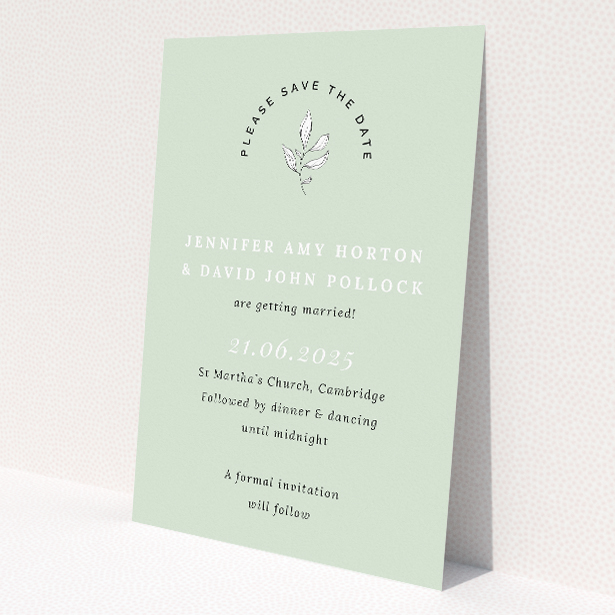 Botanical Welcome Save the Date Card - A6 Invitation - Delicate botanical illustration in muted green hue, exuding calmness and elegance, perfect for announcing a wedding with grace and tranquillity This is a view of the front