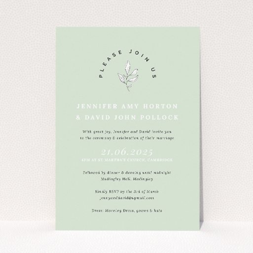Personalised wedding invitation template - Botanical Welcome with pale sage background and botanical sprig illustration. This is a view of the front