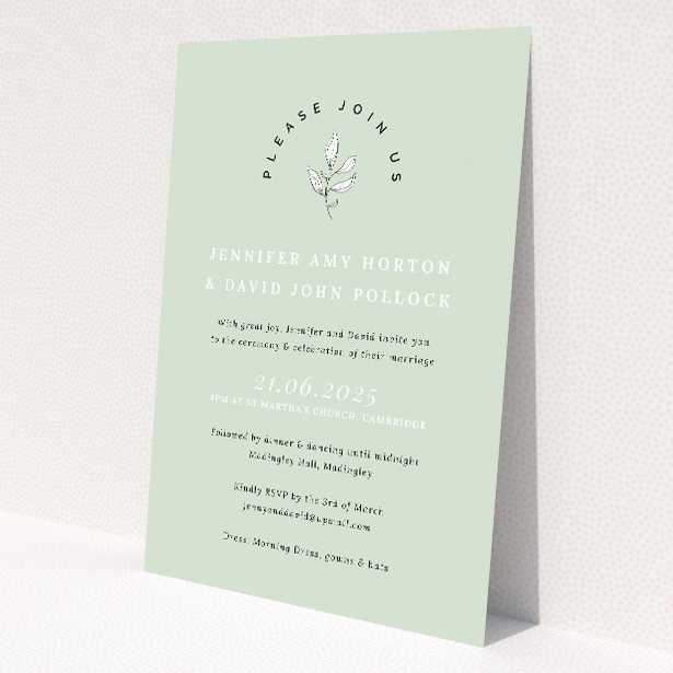 Personalised wedding invitation template - Botanical Welcome with pale sage background and botanical sprig illustration. This is a view of the front