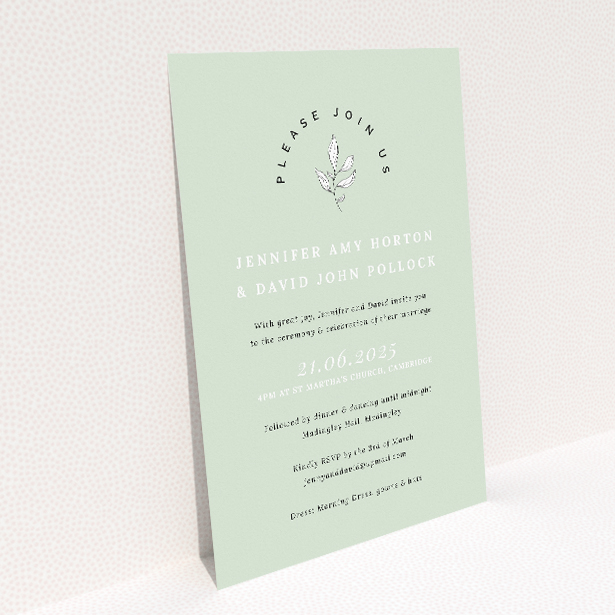 Personalised wedding invitation template - Botanical Welcome with pale sage background and botanical sprig illustration. This image shows the front and back sides together