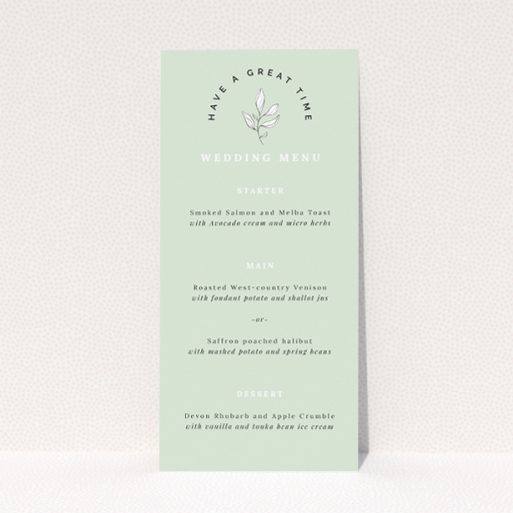 Botanical Welcome wedding menu template with pale sage backdrop, minimalist botanical illustration, clean typography, and ample white space for a refined celebration filled with warmth and joy This is a view of the front