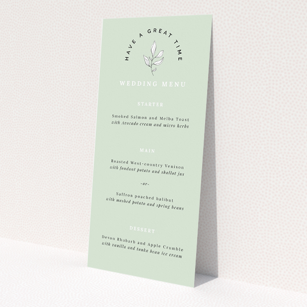 Botanical Welcome wedding menu template with pale sage backdrop, minimalist botanical illustration, clean typography, and ample white space for a refined celebration filled with warmth and joy This is a view of the front