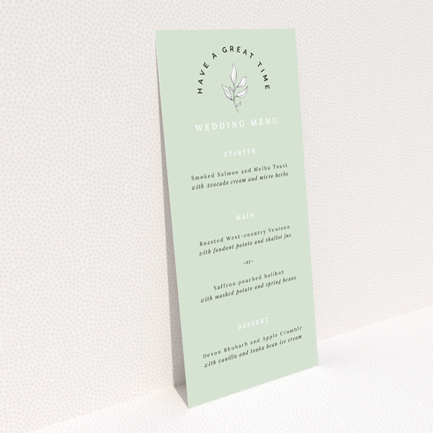 Botanical Welcome wedding menu template with pale sage backdrop, minimalist botanical illustration, clean typography, and ample white space for a refined celebration filled with warmth and joy This is a view of the back