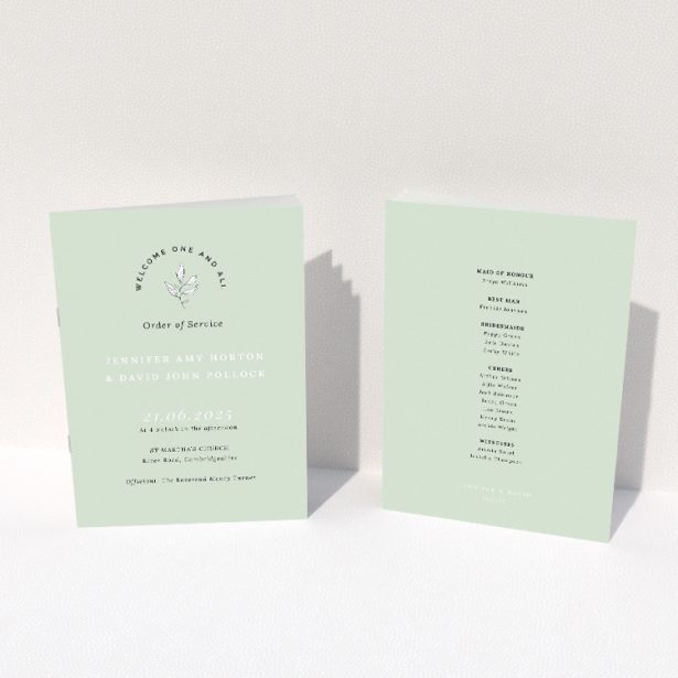 Tranquil Botanical Welcome Wedding Order of Service Booklet with Soft Green Palette and Botanical Illustration. This image shows the front and back sides together