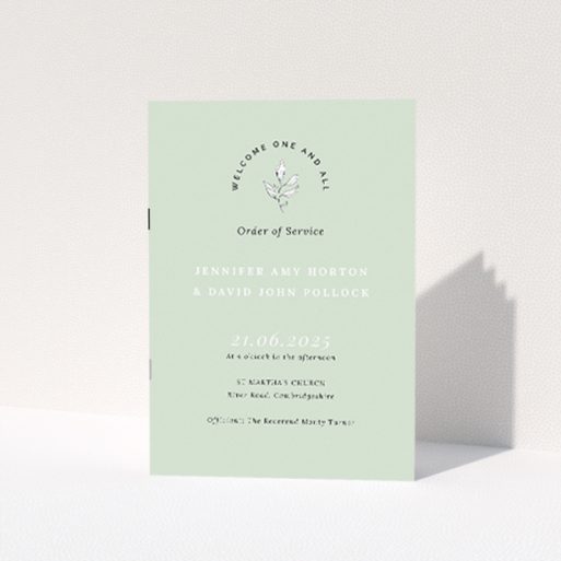 Tranquil Botanical Welcome Wedding Order of Service Booklet with Soft Green Palette and Botanical Illustration. This is a view of the front