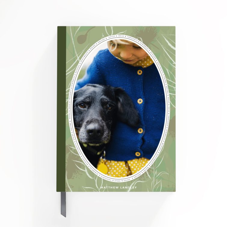 Floral-themed portrait notebook cover design featuring one photo with a dog and person, by Utterly Printable UK.