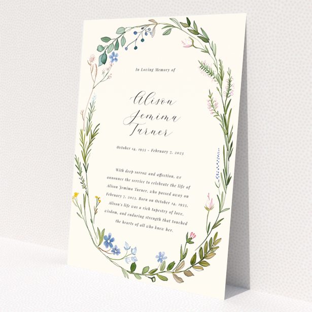 Floral wreath design funeral announcement with no photos