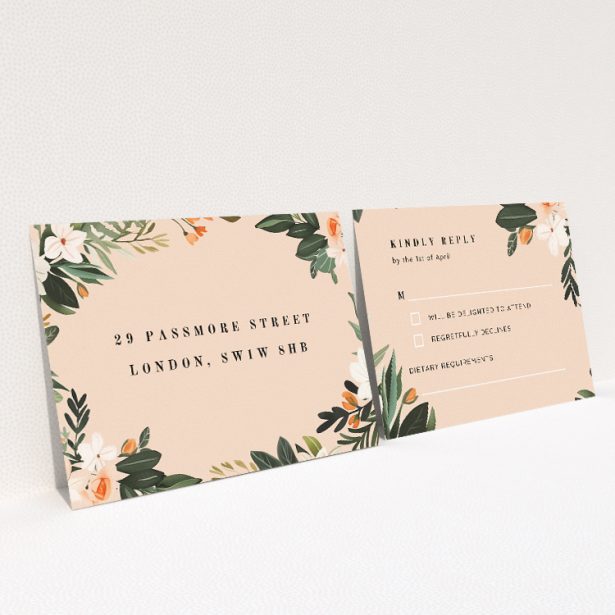 Botanics on Pink RSVP cards - Hand-painted botanical illustrations in lush greens and soft peach tones for wedding response cards. This is a view of the back