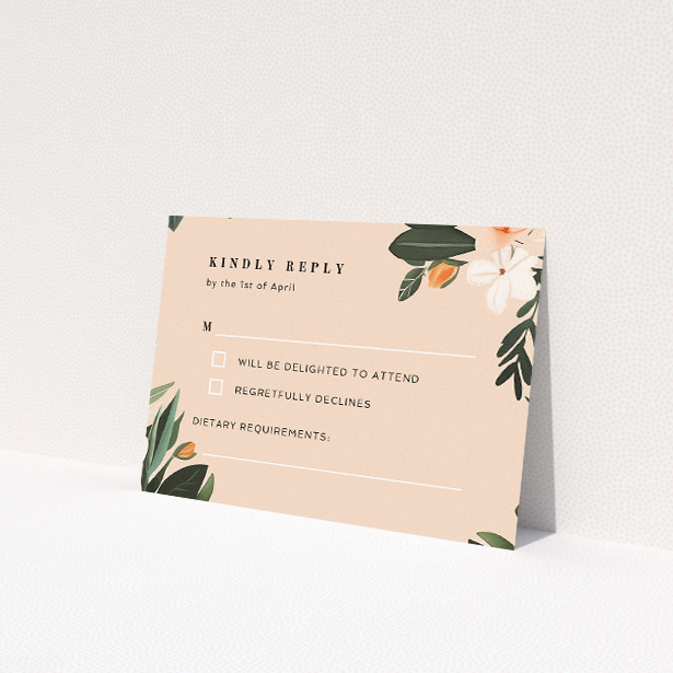 Botanics on Pink RSVP cards - Hand-painted botanical illustrations in lush greens and soft peach tones for wedding response cards. This is a view of the front