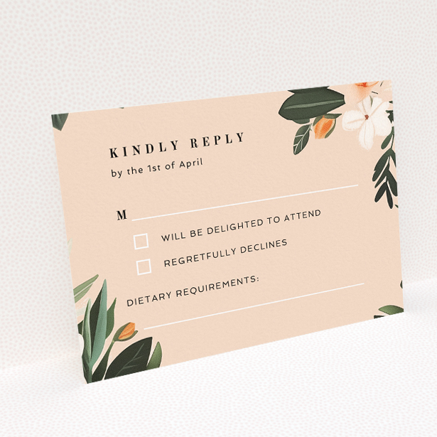 Botanics on Pink RSVP cards - Hand-painted botanical illustrations in lush greens and soft peach tones for wedding response cards. This is a view of the back
