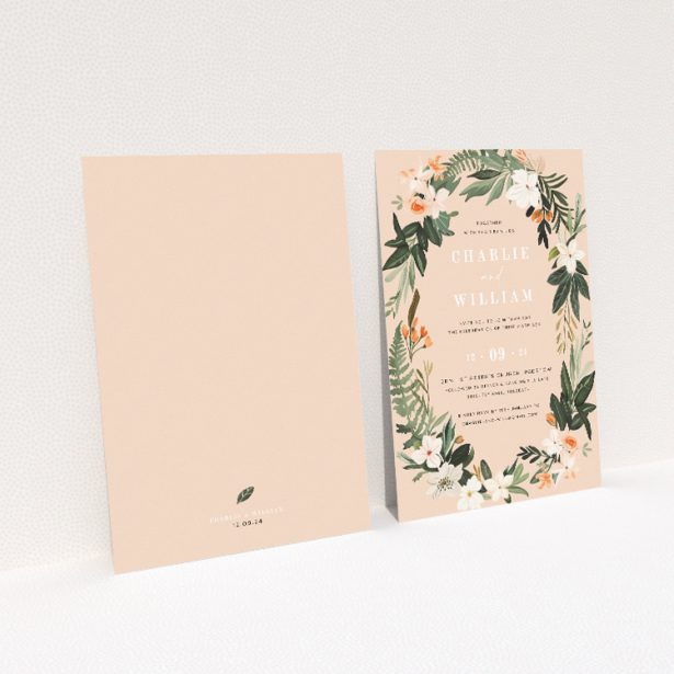 Floral wedding invitation featuring hand-painted botanical illustrations of lush green foliage and delicate white flowers accented with soft peach tones, set against a subtle pink background This image shows the front and back sides together