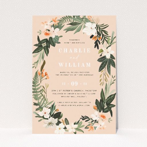 Floral wedding invitation featuring hand-painted botanical illustrations of lush green foliage and delicate white flowers accented with soft peach tones, set against a subtle pink background This is a view of the front