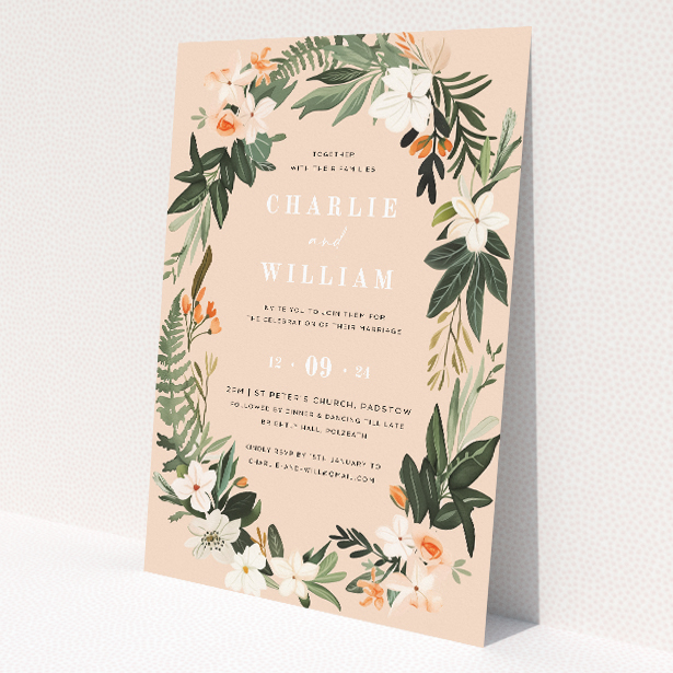 Floral wedding invitation featuring hand-painted botanical illustrations of lush green foliage and delicate white flowers accented with soft peach tones, set against a subtle pink background This is a view of the front