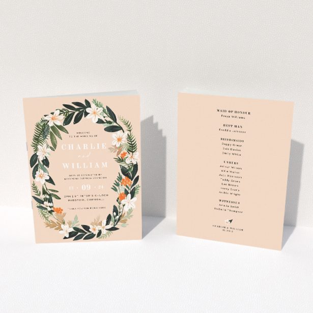 "Botanics on Pink wedding order of service booklet featuring lush wreath of green foliage and white flowers on soft pink background, ideal for couples seeking natural elegance for their ceremony.". This image shows the front and back sides together