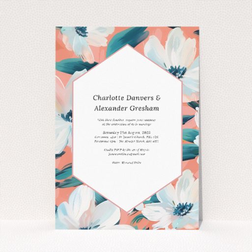Captivating A5 wedding invitation featuring abstract floral designs in coral, peach, and blue tones against a white background, framed with a hexagonal frame and displaying event details in serif typeface This is a view of the front