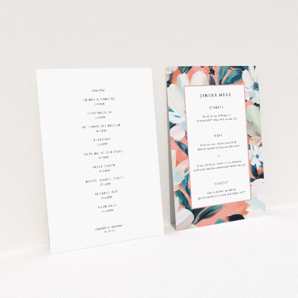 Boulevard Petals wedding menu template - fusion of floral elegance and modern geometry, abstract blooms in coral, peach, and blue hues, exuberant tone for chic weddings This image shows the front and back sides together